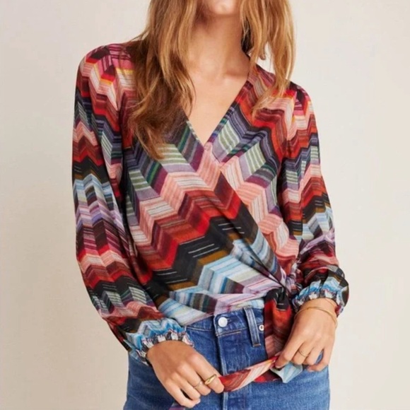 Anthropologie Laurie Chevron Wrap Tie Blouse - Picture 2 of 5